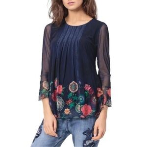 Desigual Rachel Floral Pleated Chiffon Bell Sleeves in Navy/Multicolor